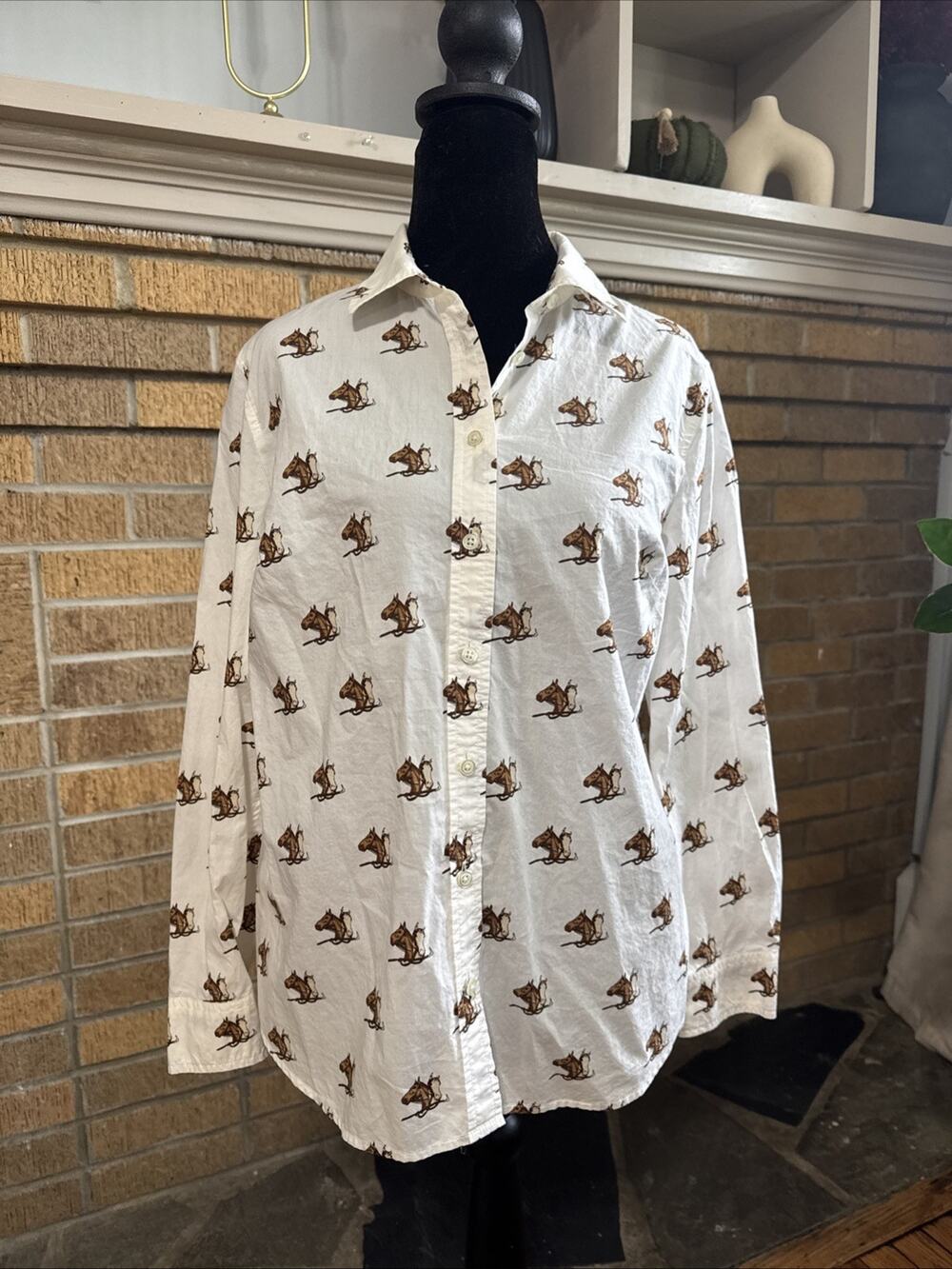 Talbots Horse Equestrian Cotton Button Front Collared Preppy Novelty Shirt PM
